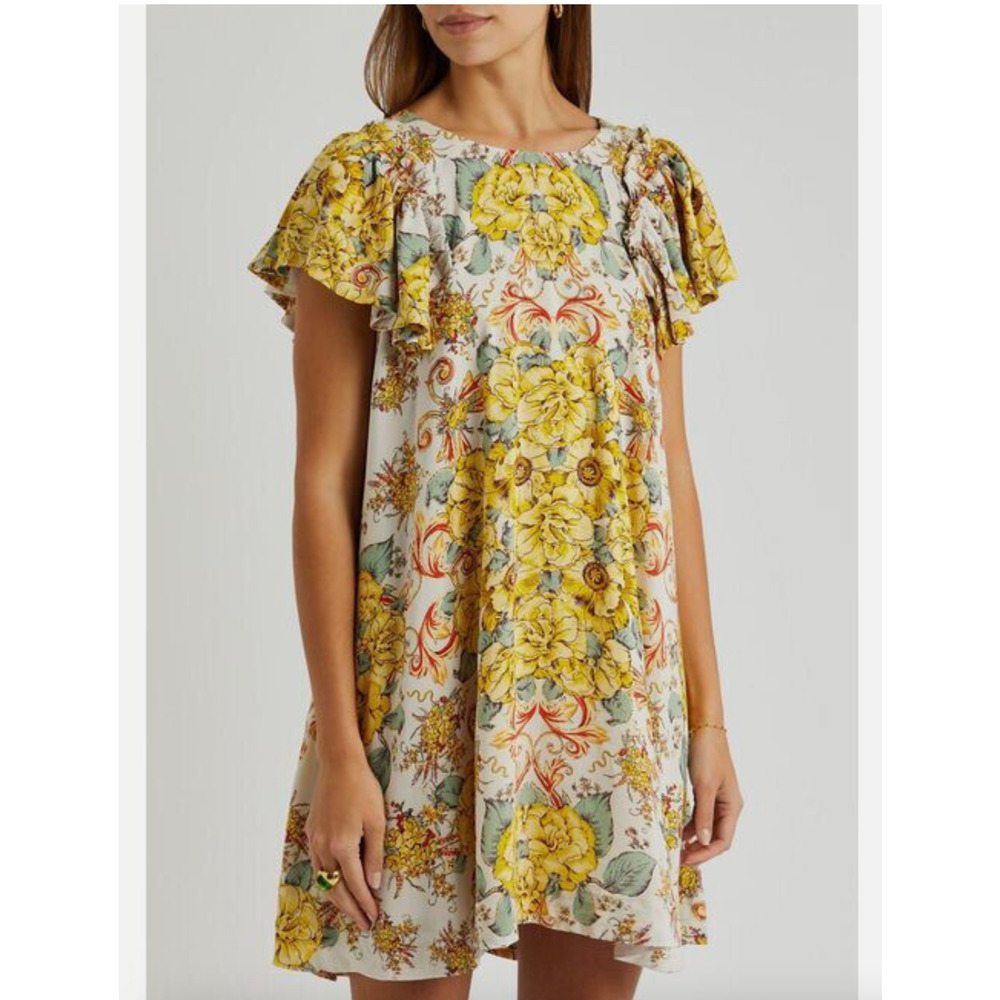 NWT Free People Yara Floral Ivory Combo Flowy Flutter Sleeves Mini Dress M